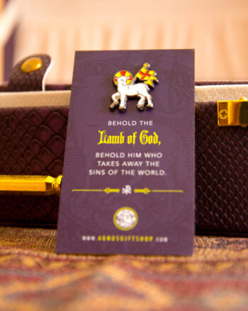 Agnus Dei Pin Mounted on Two-Sided Purple Card