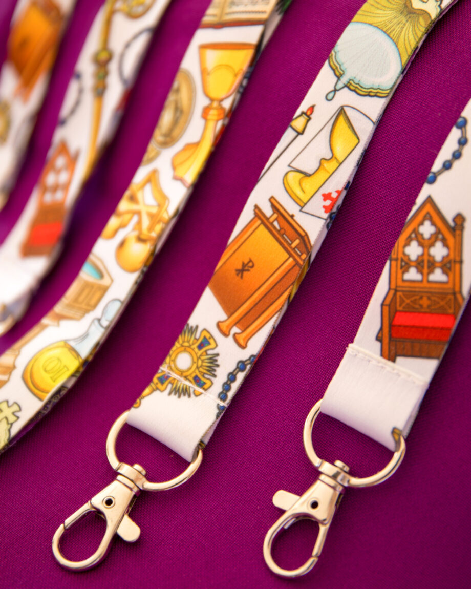 Catholic Mass objects Lanyard Sacraments and Sacramentals ID Badge Holder Liturgy Keychain White Background
